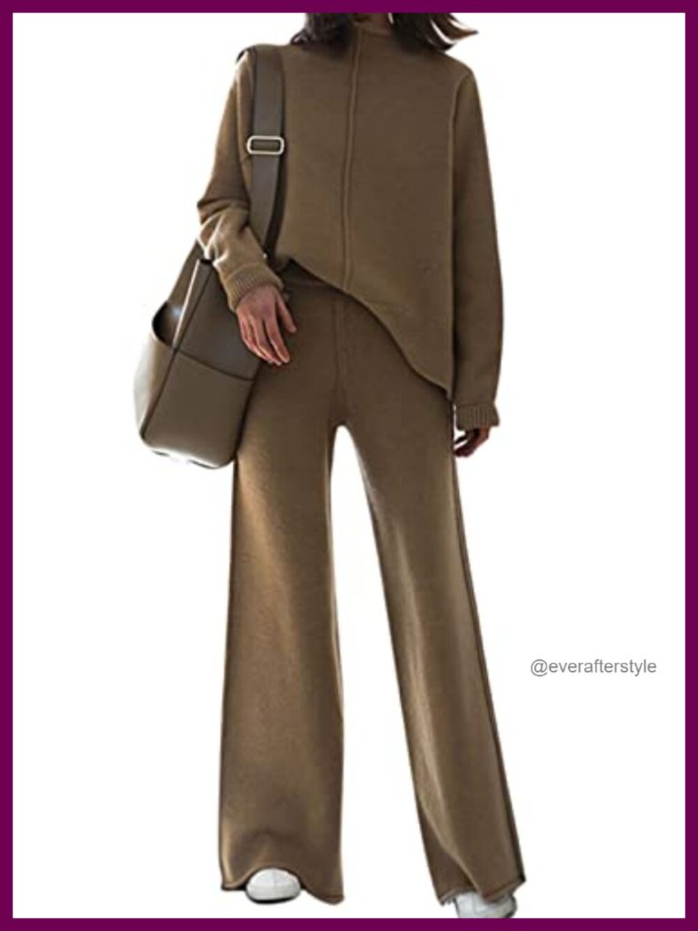 2 Piece Knit Sweater Set Turtleneck Top Wide Leg Pants Lounge Tracksuit